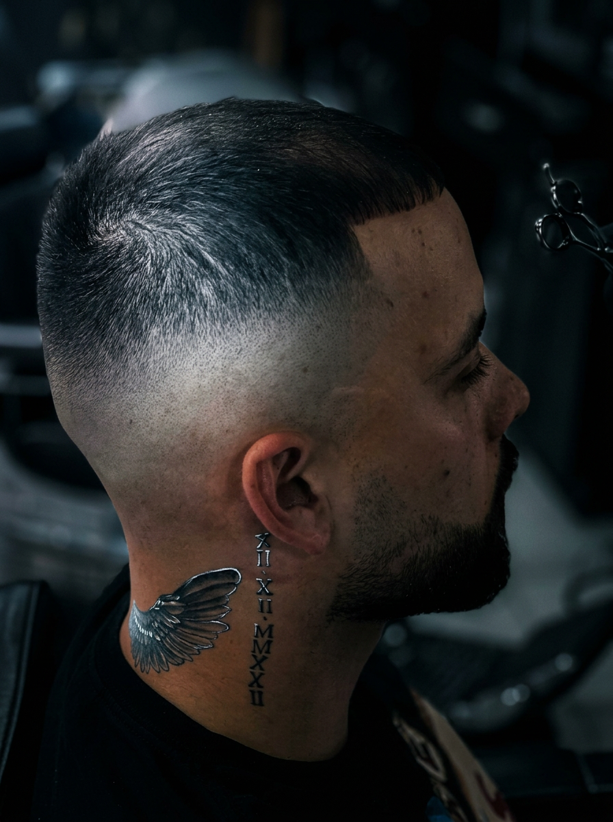 High skin fade with neck tattoo