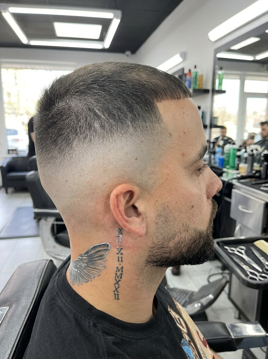 High skin fade with neck tattoo
